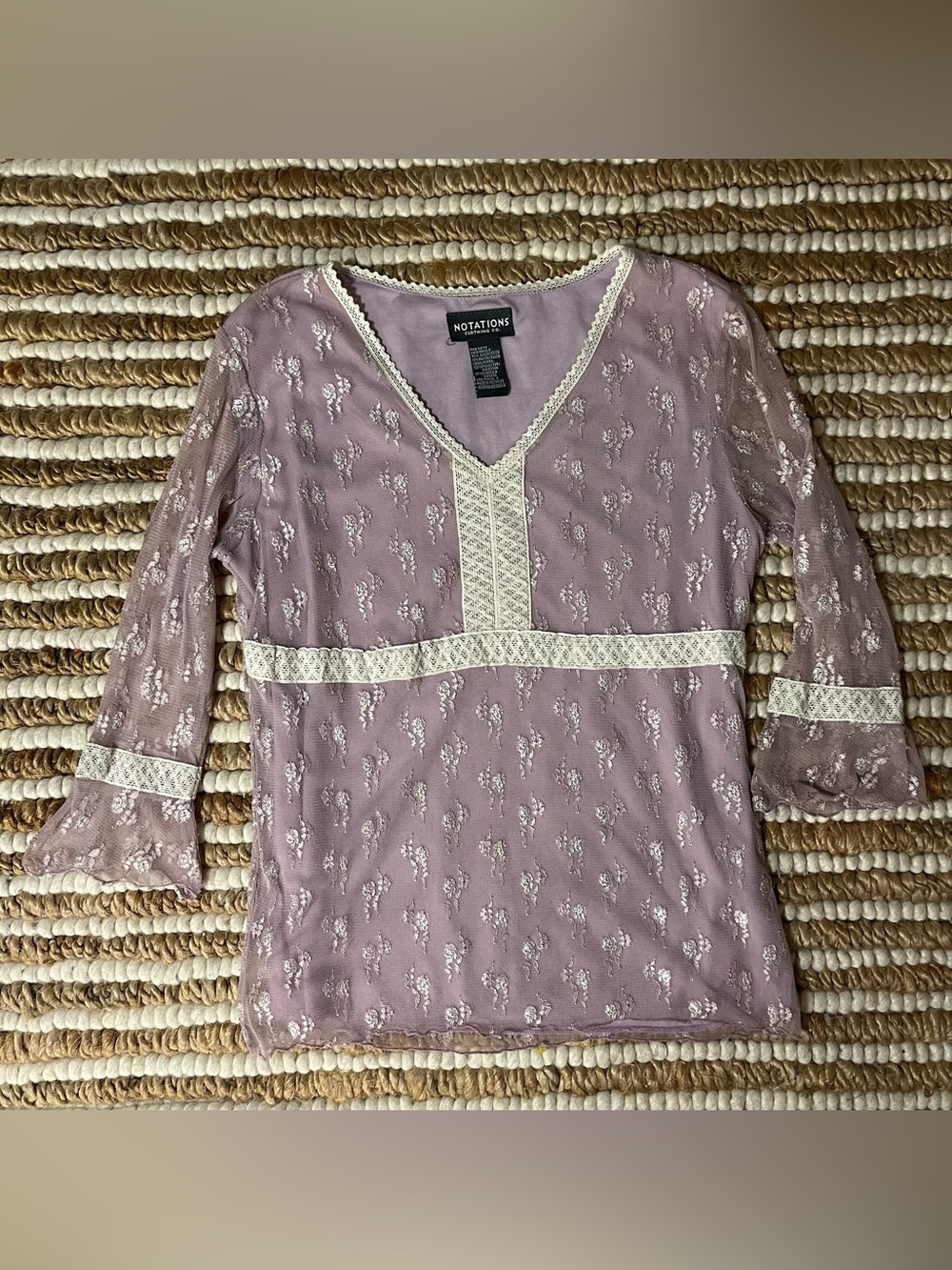 Vintage Notations Mauve lilac Lace-Trim sheer lace Women’s Top